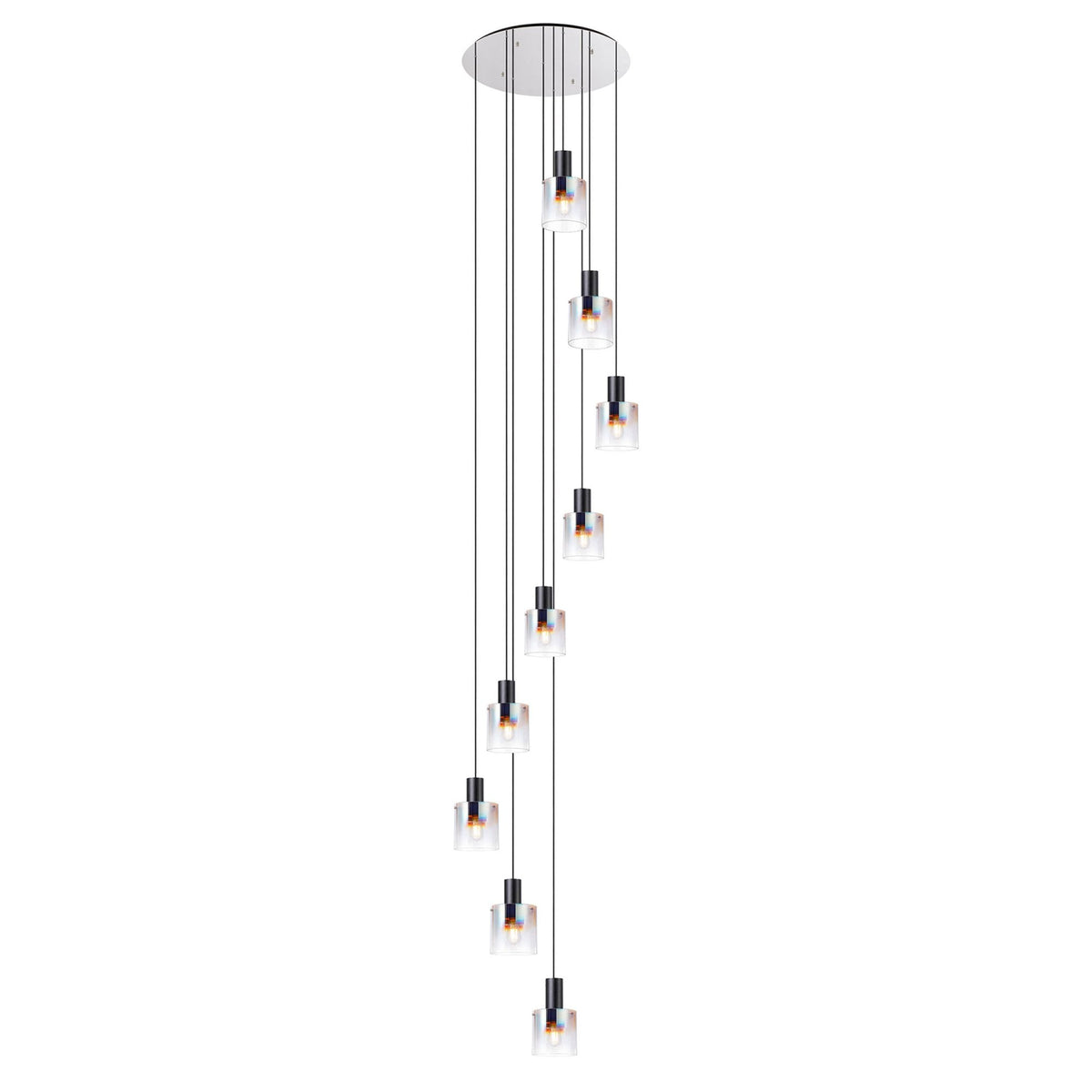 Belstone 9 Drop Round Pendant in Black & Chrome with Iridescent Fade Glass