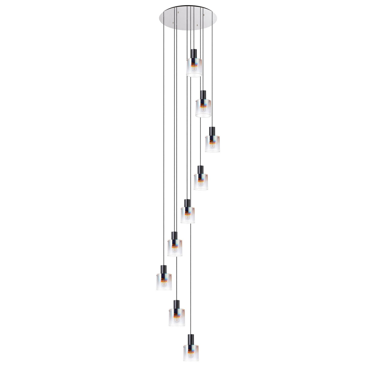 Belstone 9 Drop Round Pendant in Black & Chrome with Iridescent Fade Glass