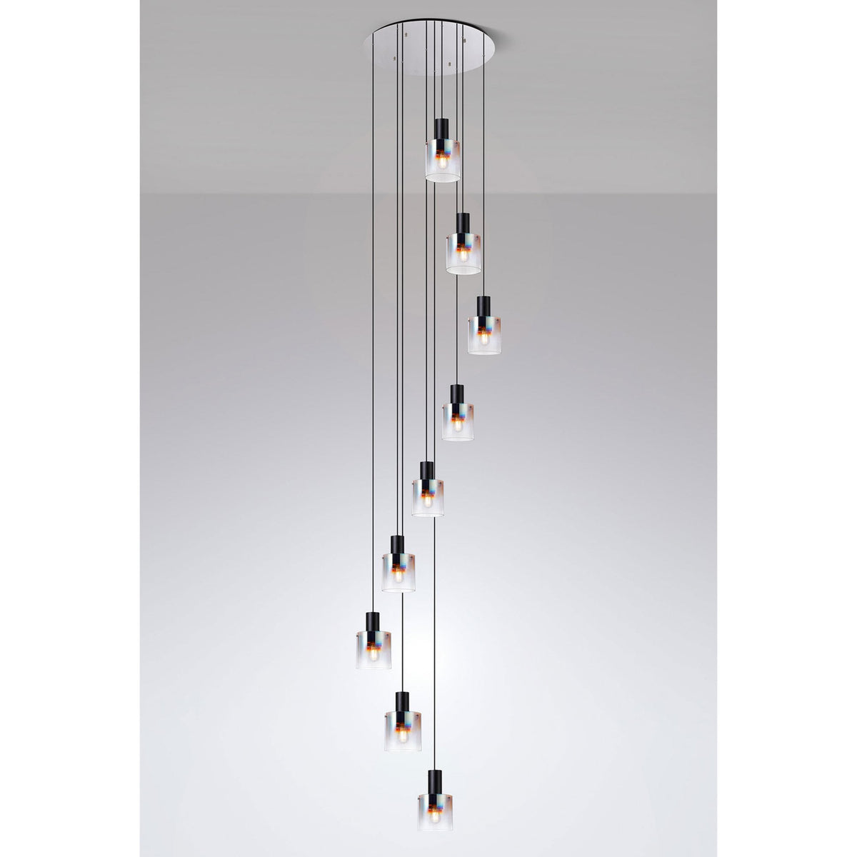 Belstone 9 Drop Round Pendant in Black & Chrome with Iridescent Fade Glass