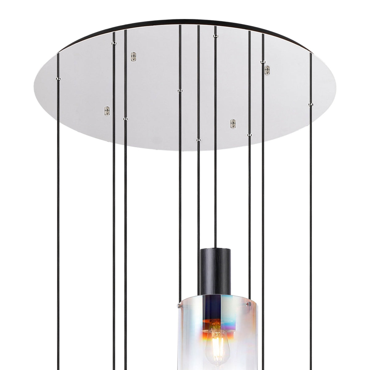 Belstone 9 Drop Round Pendant in Black & Chrome with Iridescent Fade Glass