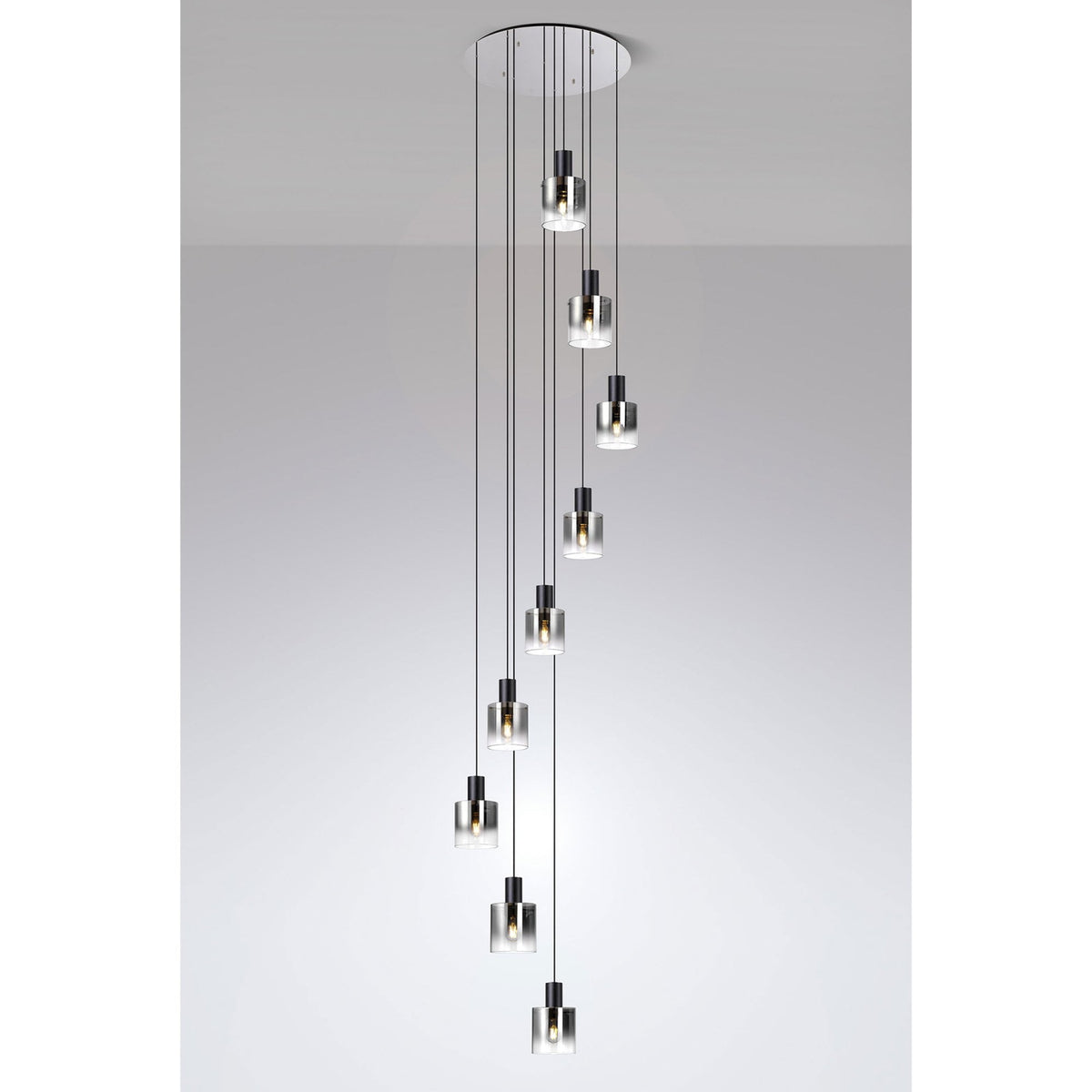 Belstone 9 Drop Round Pendant in Black & Chrome with Smoke Fade Glass