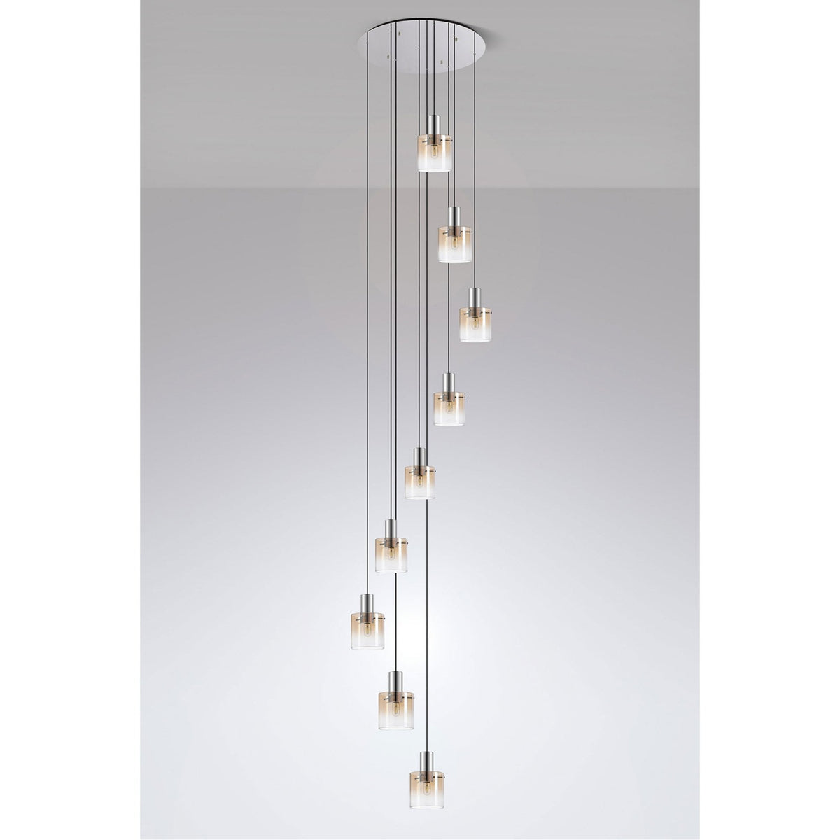 Belstone 9 Drop Round Pendant in Polished Nickel & Black with Amber Fade Glass