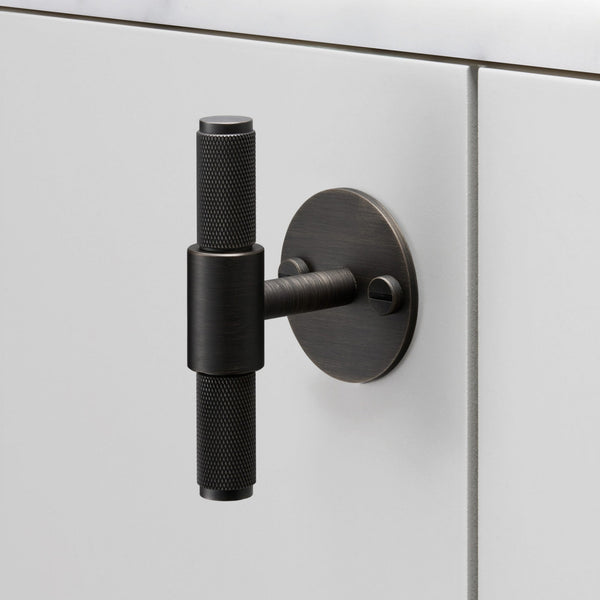 Knurled T-Bar Cabinet Handle With Back Plate In Smoked Bronze