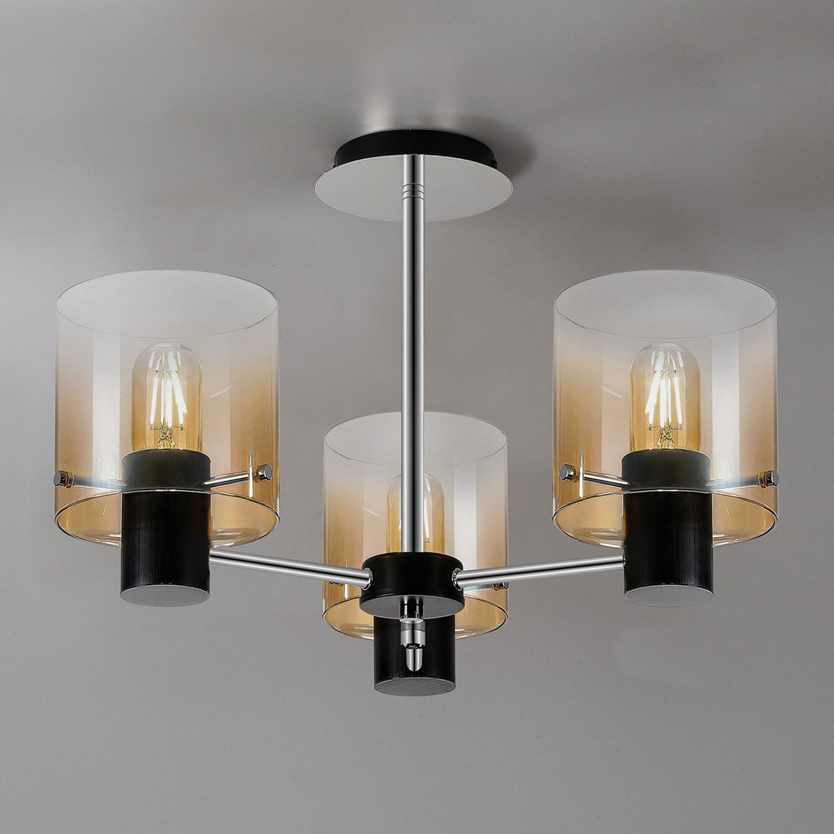 Belstone 3 Light Semi Flush Ceiling Light in Black & Chrome with Amber Fade Glass