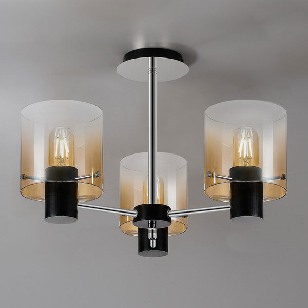Belstone 3 Light Semi Flush Ceiling Light in Black & Chrome with Amber Fade Glass