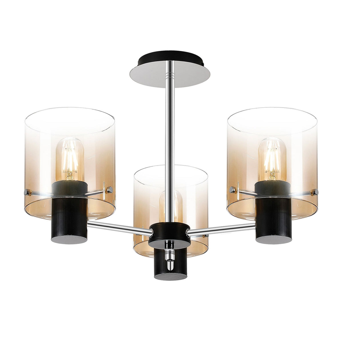 Belstone 3 Light Semi Flush Ceiling Light in Black & Chrome with Amber Fade Glass