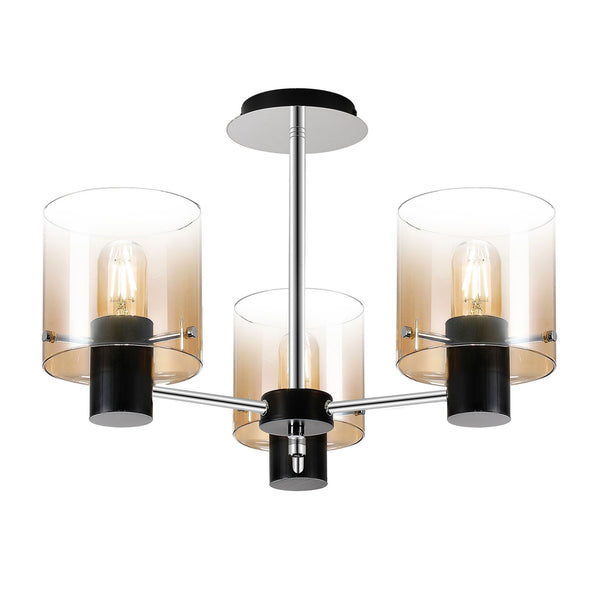 Belstone 3 Light Semi Flush Ceiling Light in Black & Chrome with Amber Fade Glass