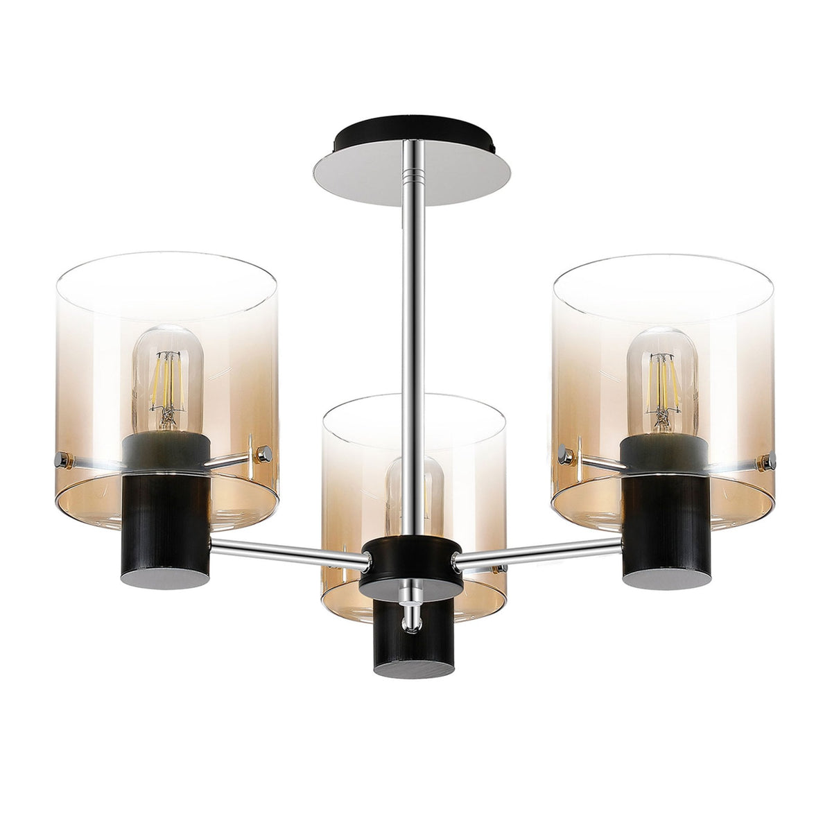 Belstone 3 Light Semi Flush Ceiling Light in Black & Chrome with Amber Fade Glass