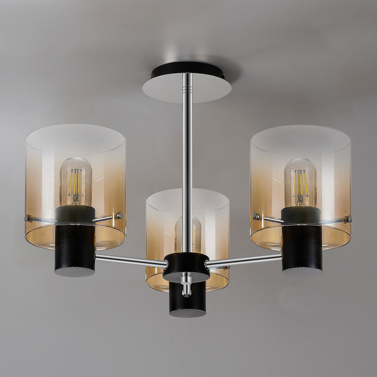 Belstone 3 Light Semi Flush Ceiling Light in Black & Chrome with Amber Fade Glass