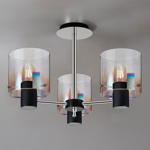 Belstone 3 Light Semi Flush Ceiling Light in Black & Chrome with Iridescent Fade Glass