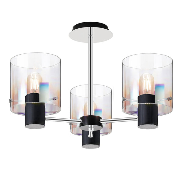 Belstone 3 Light Semi Flush Ceiling Light in Black & Chrome with Iridescent Fade Glass
