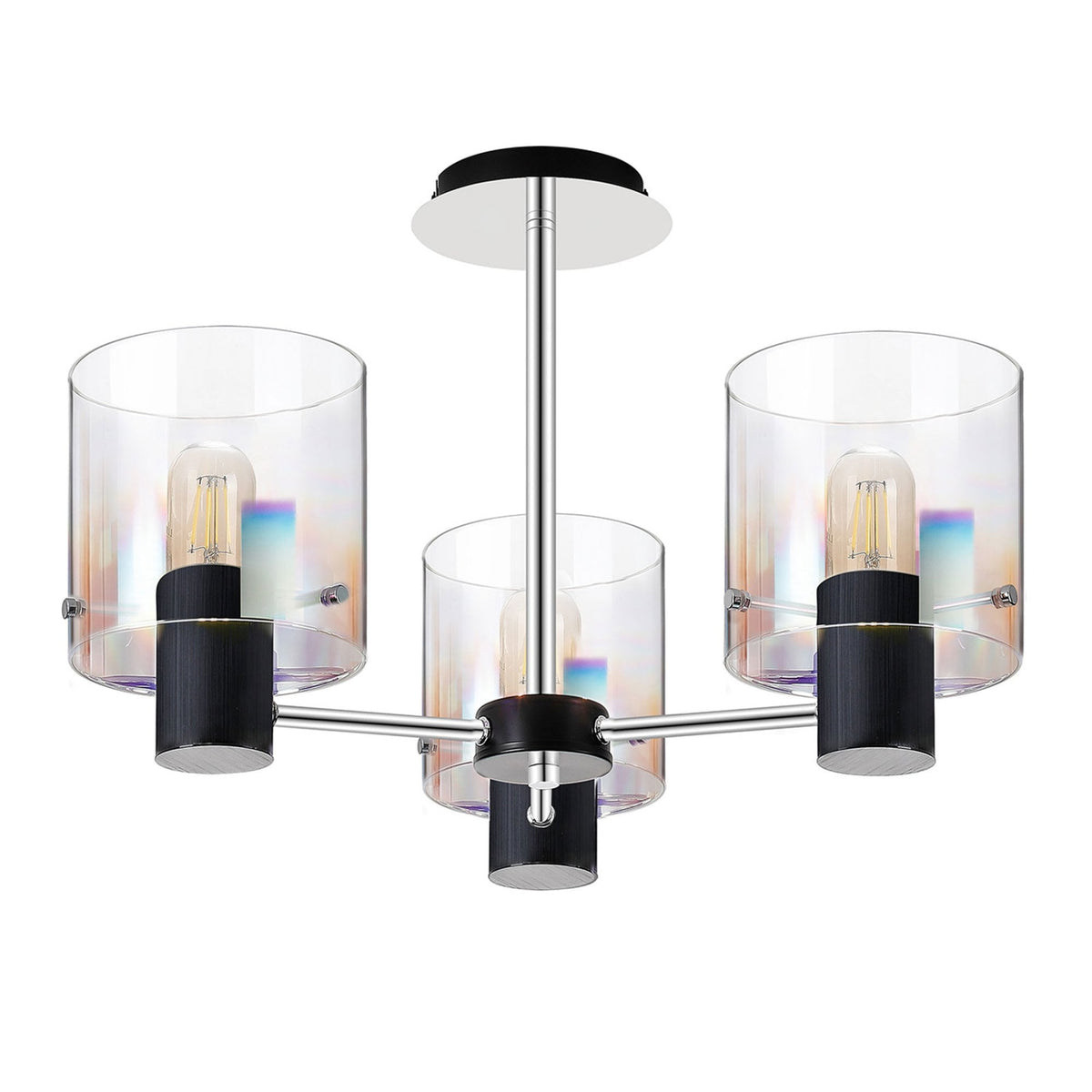 Belstone 3 Light Semi Flush Ceiling Light in Black & Chrome with Iridescent Fade Glass
