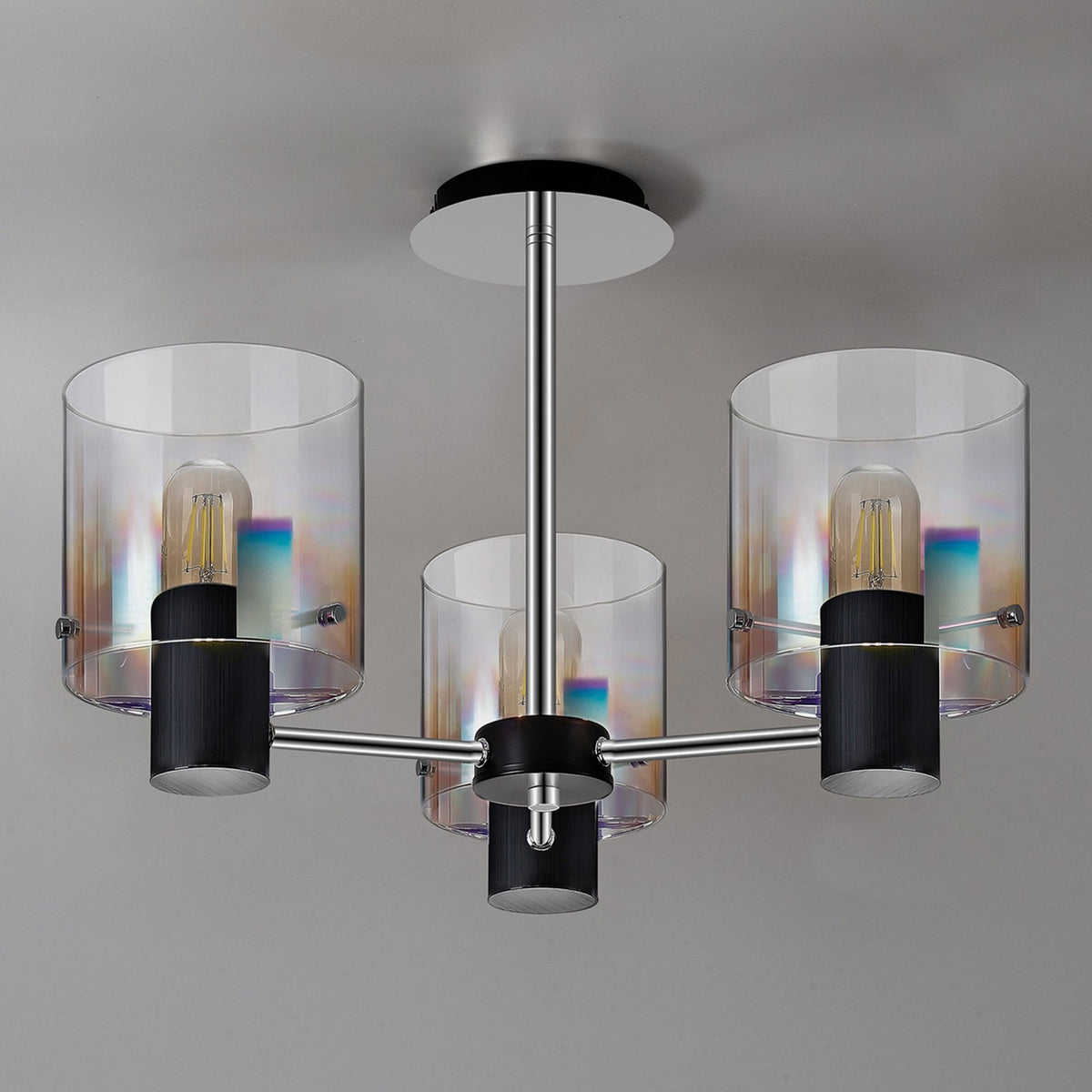 Belstone 3 Light Semi Flush Ceiling Light in Black & Chrome with Iridescent Fade Glass