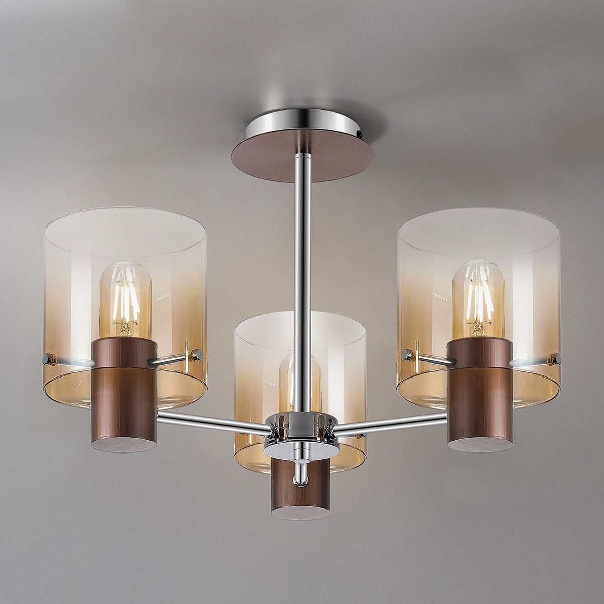 Belstone 3 Light Semi Flush Ceiling Light in Mocha with Amber Fade Glass