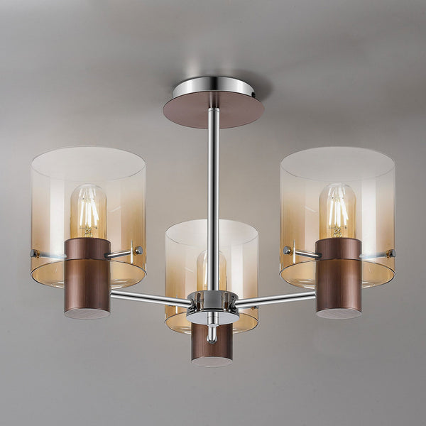 Belstone 3 Light Semi Flush Ceiling Light in Mocha with Amber Fade Glass