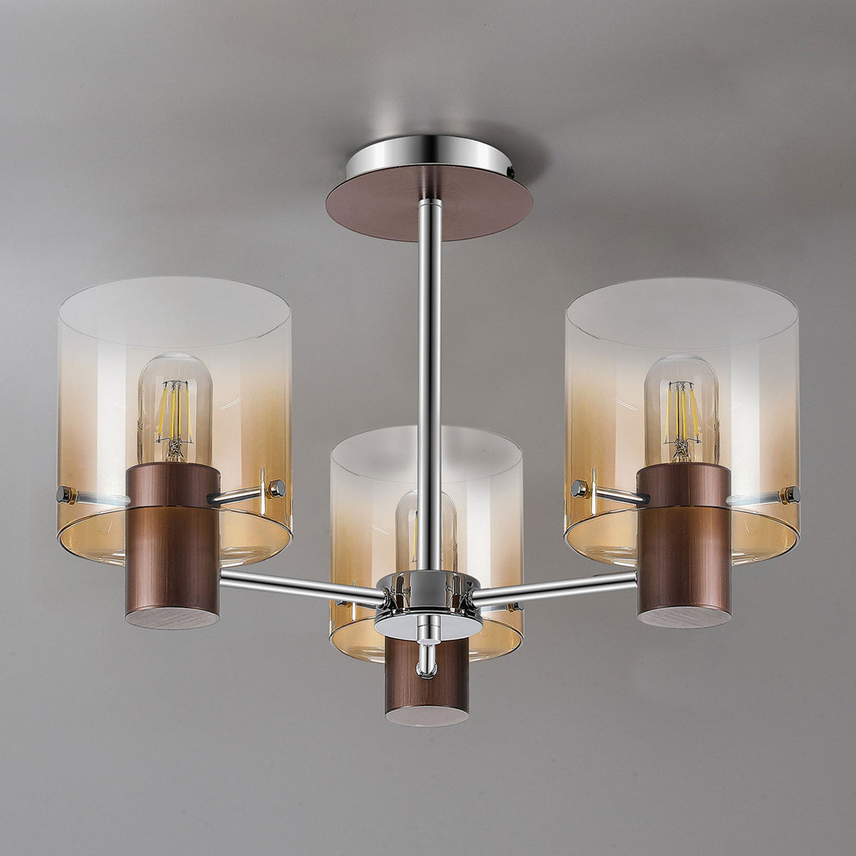 Belstone 3 Light Semi Flush Ceiling Light in Mocha with Amber Fade Glass