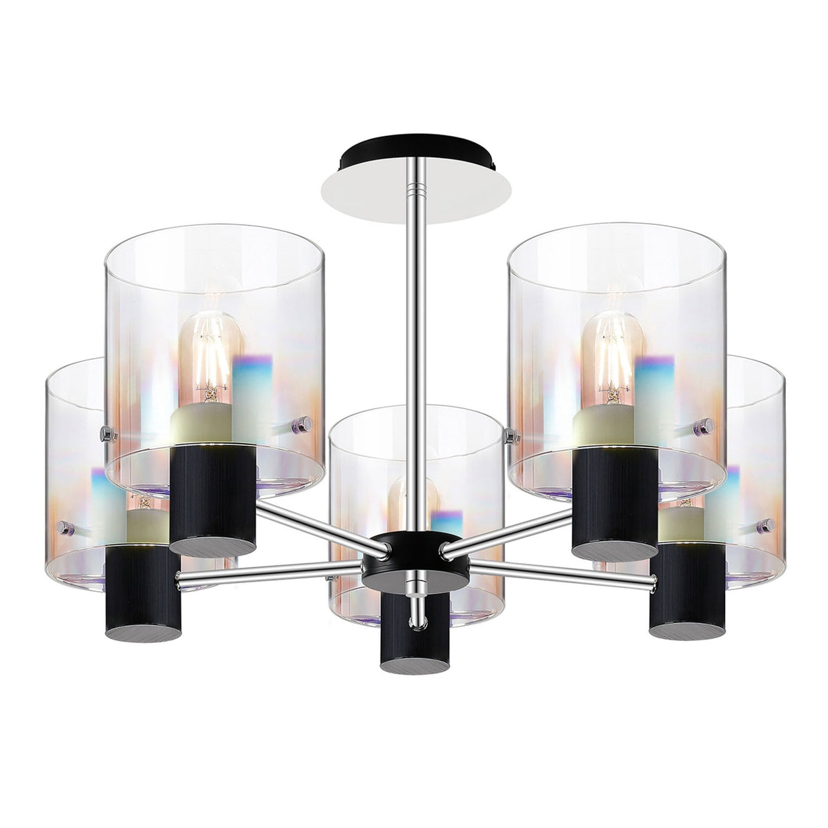 A modern five-light chandelier with clear and iridescent glass shades on a white background.