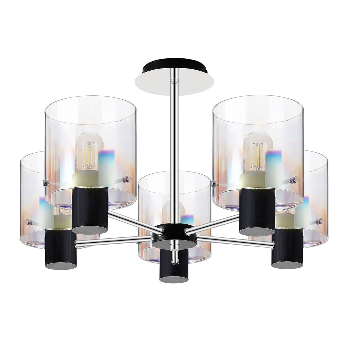 A modern five-light chandelier with clear and iridescent glass shades on a white background.