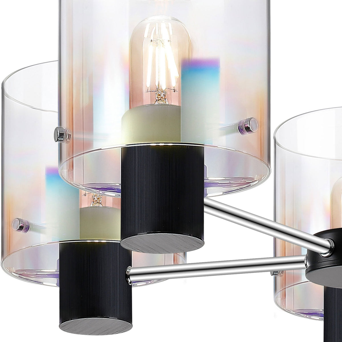 Close-up of a single light and iridescent shade on a modern five-light chandelier.