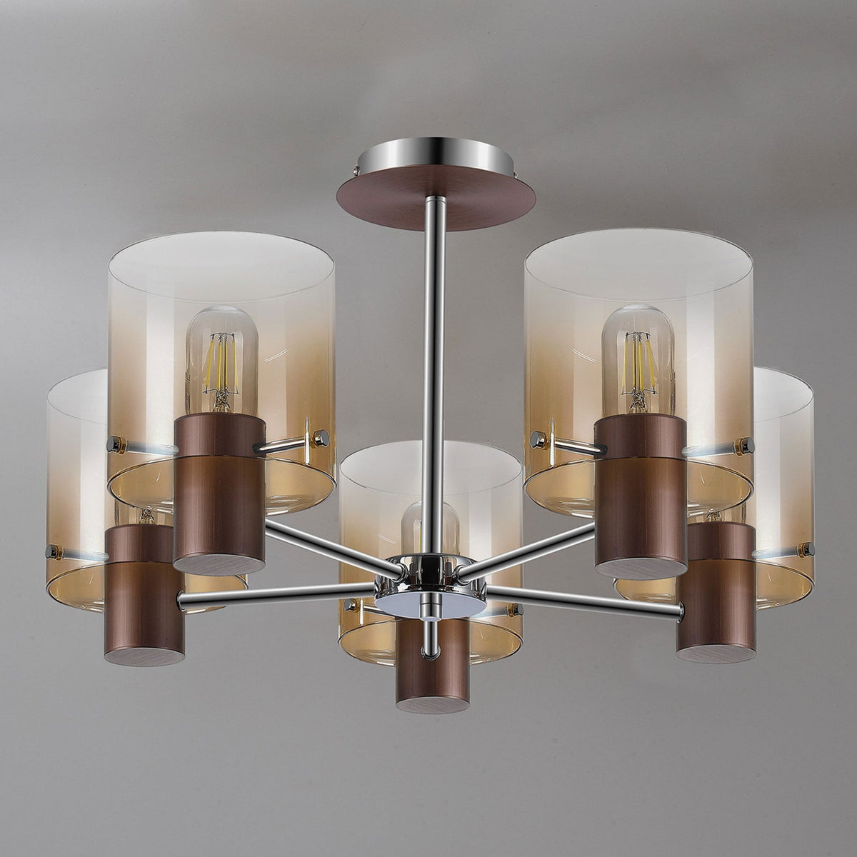 Belstone 5 Light Semi Flush Ceiling Light in Mocha with Amber Fade Glass