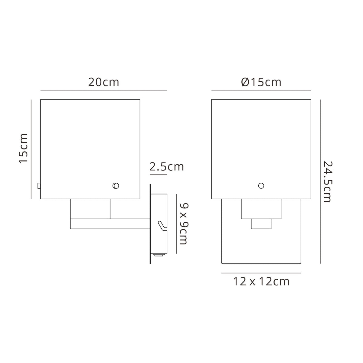 Technical drawing illustrating the dimensions of the wall light from two different angles.