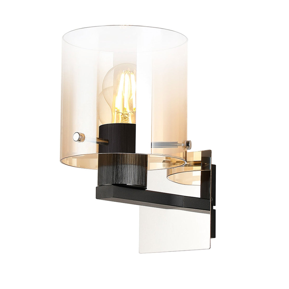 A modern wall light featuring a clear and amber glass cylindrical shade and a black fitting.