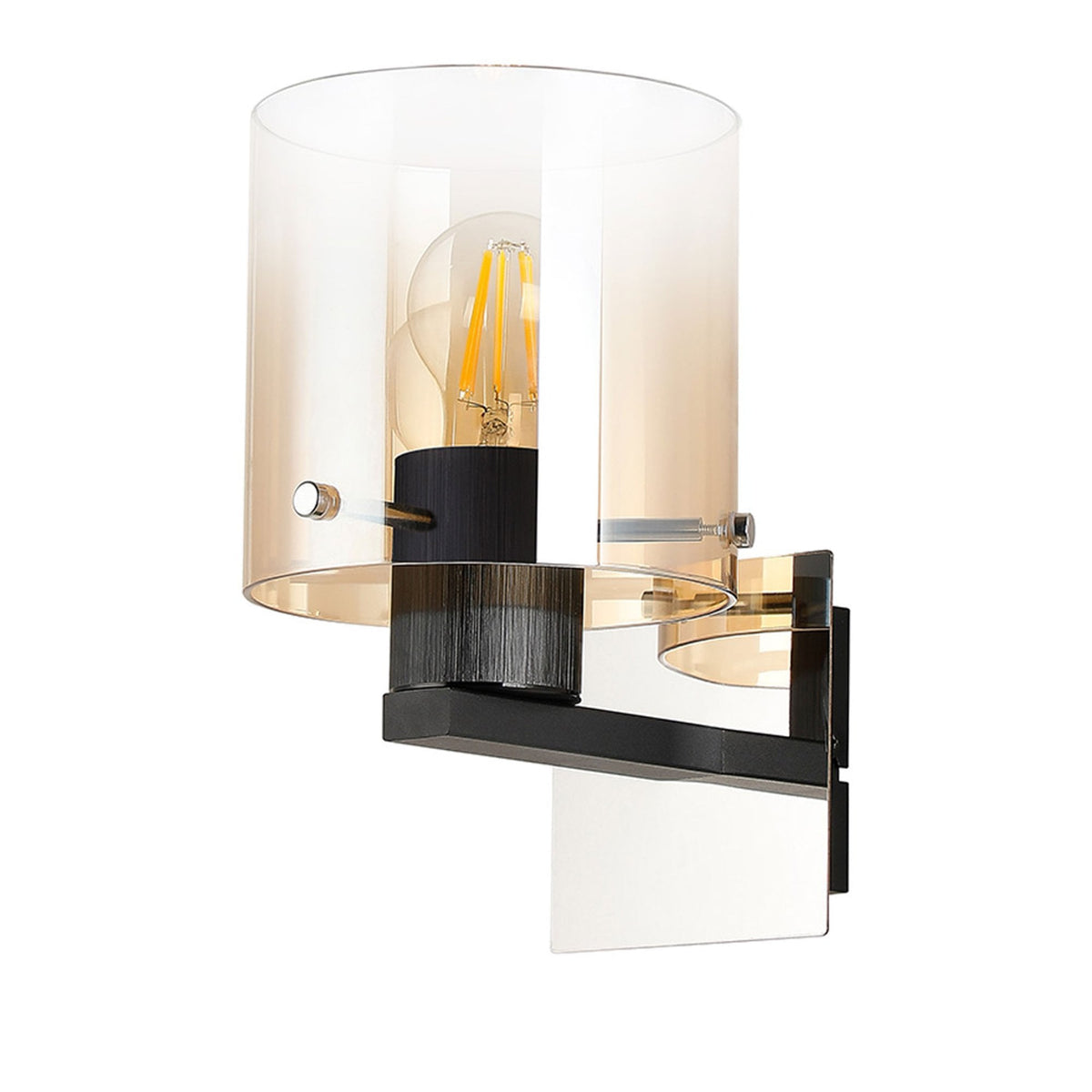A modern wall light with a clear and amber cylindrical glass shade and a black and chrome base.