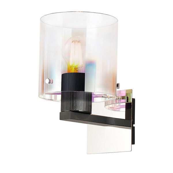 Belstone Switched Wall Light in Black & Chrome with Iridescent Fade Glass