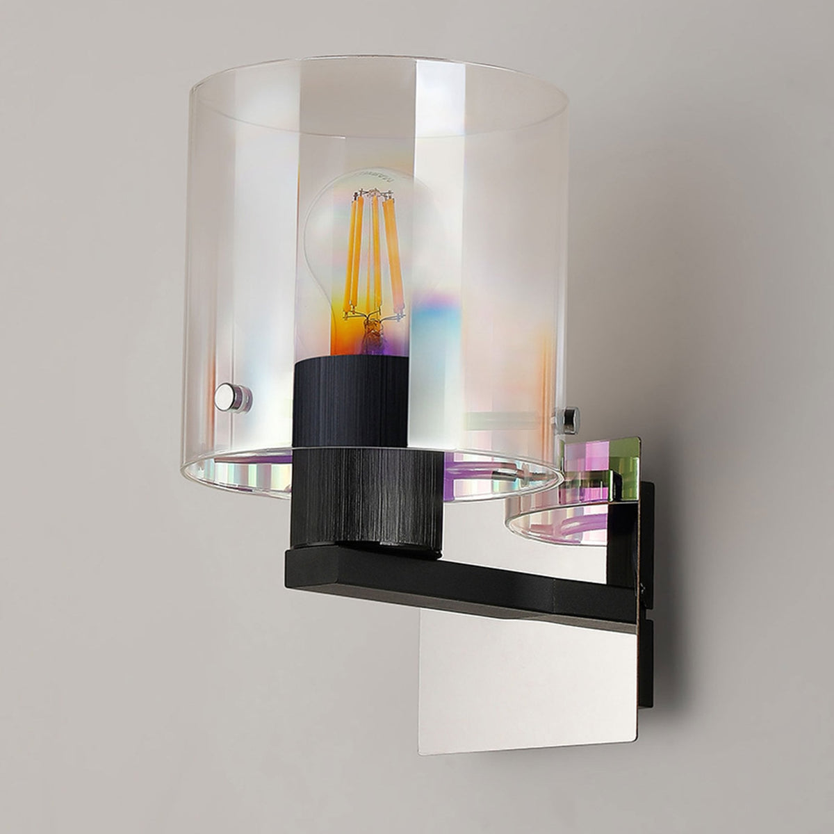 Belstone Switched Wall Light in Black & Chrome with Iridescent Fade Glass