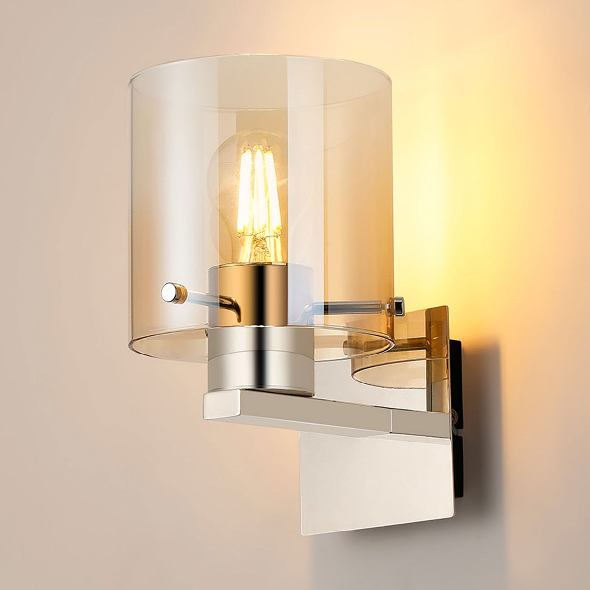 Belstone Switched Wall Light in Polished Nickel & Black with Amber Fade Glass