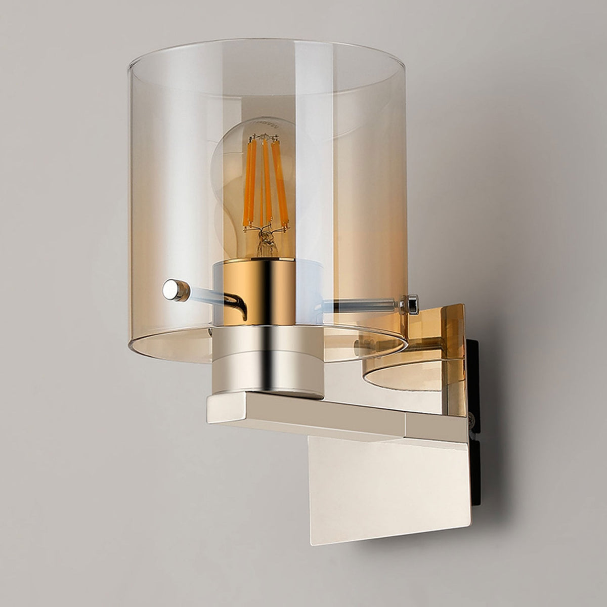 Belstone Switched Wall Light in Polished Nickel & Black with Amber Fade Glass