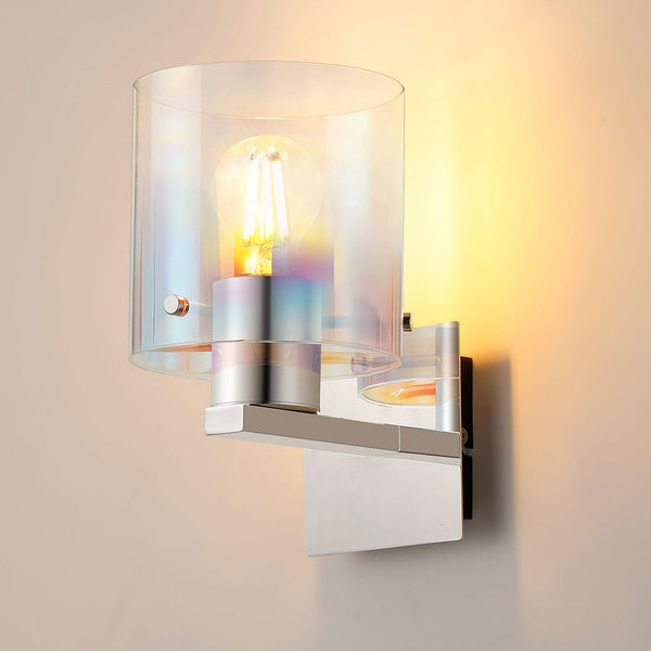 Belstone Switched Wall Light in Polished Nickel & Black with Iridescent Fade Glass