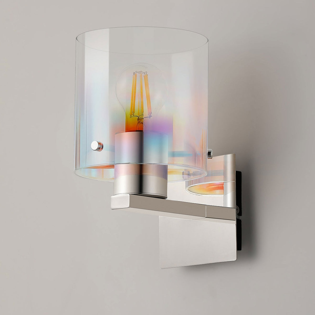 Belstone Switched Wall Light in Polished Nickel & Black with Iridescent Fade Glass