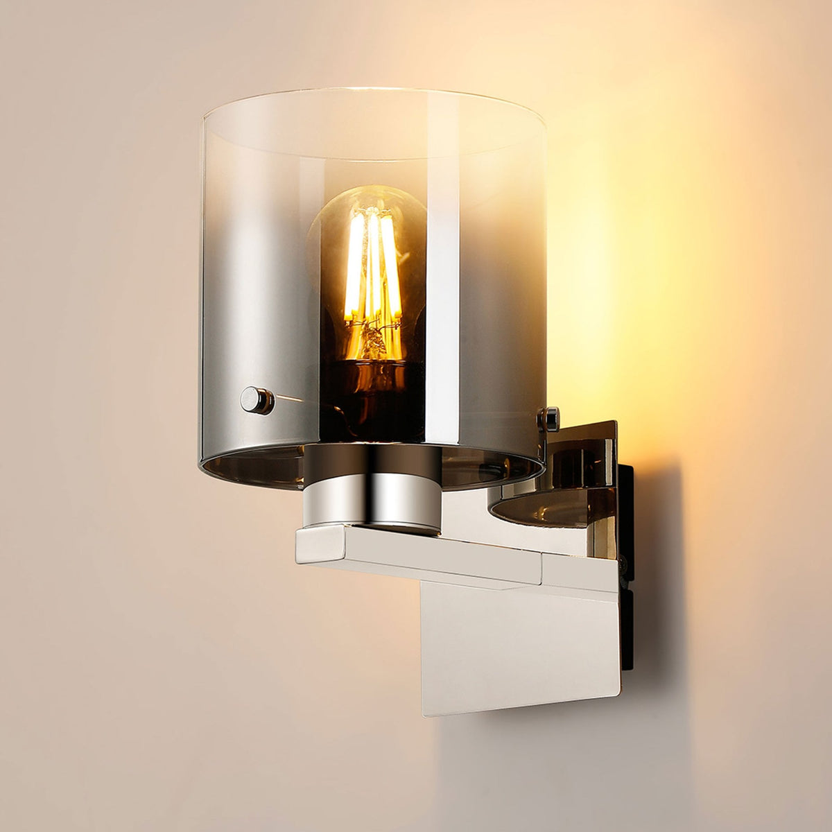 Belstone Switched Wall Light in Polished Nickel & Black with Smoke Fade Glass