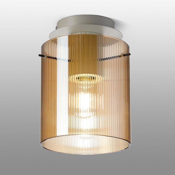 Belstone Fine Ribbed Round Flush Ceiling Light in Beige Stone with Amber Glass