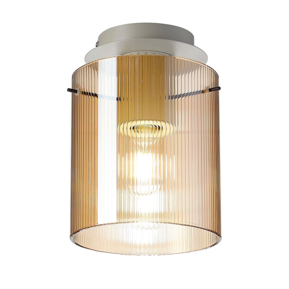 Belstone Fine Ribbed Round Flush Ceiling Light in Beige Stone with Amber Glass