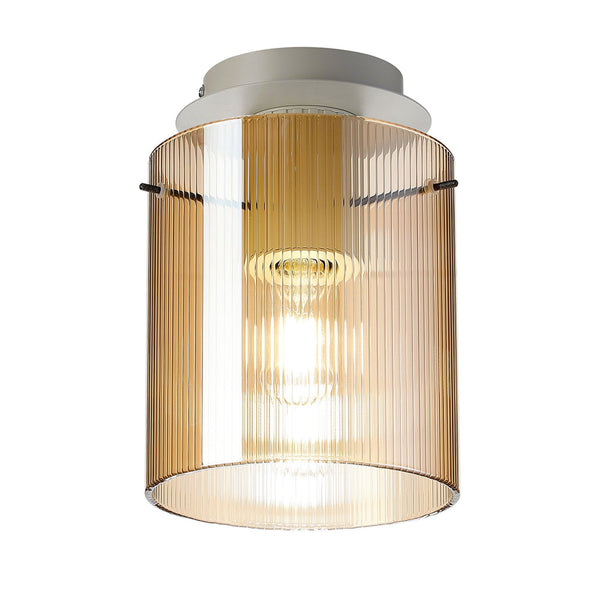 Belstone Fine Ribbed Round Flush Ceiling Light in Beige Stone with Amber Glass