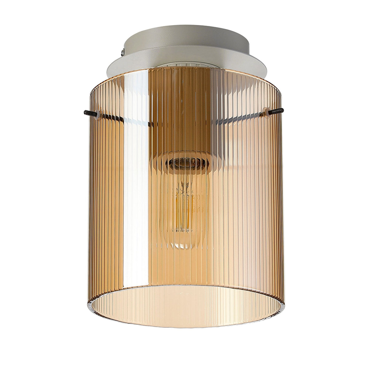 Belstone Fine Ribbed Round Flush Ceiling Light in Beige Stone with Amber Glass