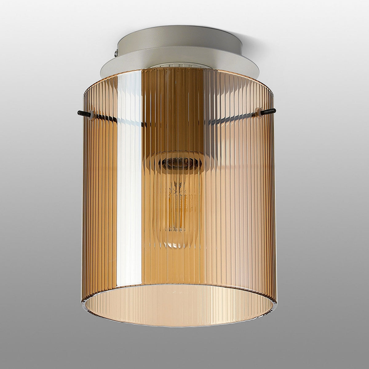 Belstone Fine Ribbed Round Flush Ceiling Light in Beige Stone with Amber Glass