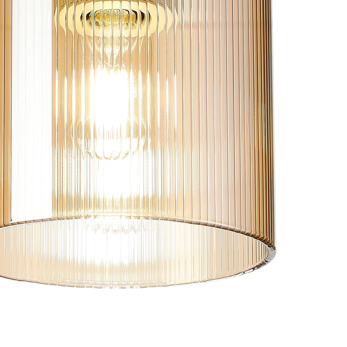 Belstone Fine Ribbed Round Flush Ceiling Light in Beige Stone with Amber Glass