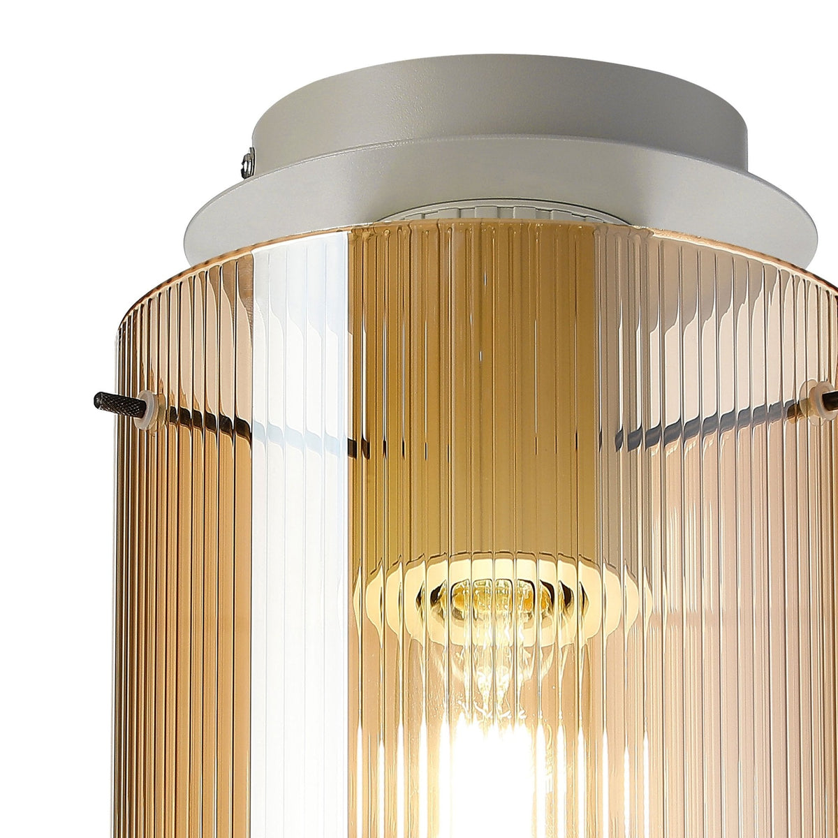 Belstone Fine Ribbed Round Flush Ceiling Light in Beige Stone with Amber Glass