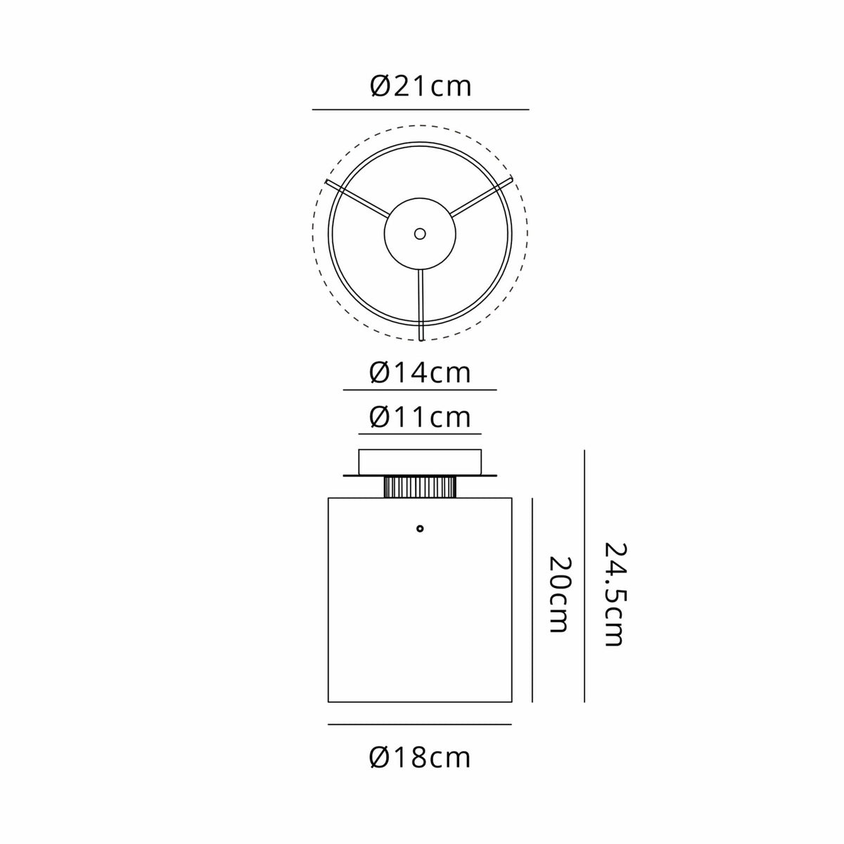 A diagram with measurements of the light in plan and elevation.