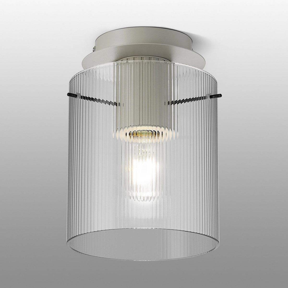 Belstone Fine Ribbed Round Flush Ceiling Light in Beige Stone with Clear Glass