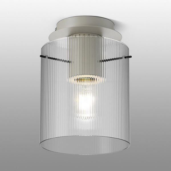 Belstone Fine Ribbed Round Flush Ceiling Light in Beige Stone with Clear Glass