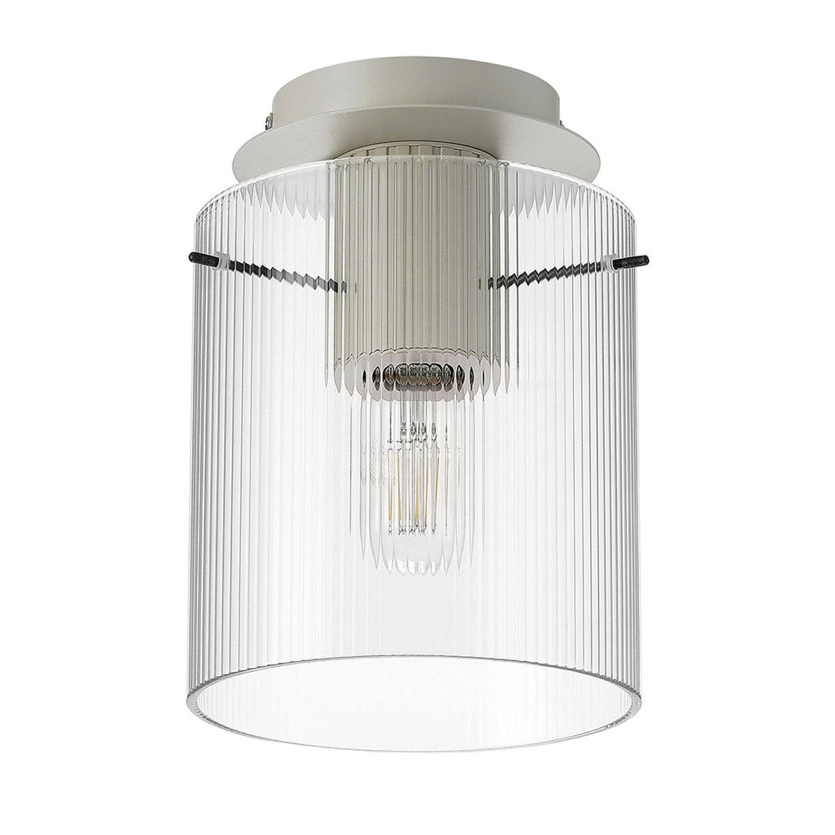 Belstone Fine Ribbed Round Flush Ceiling Light in Beige Stone with Clear Glass