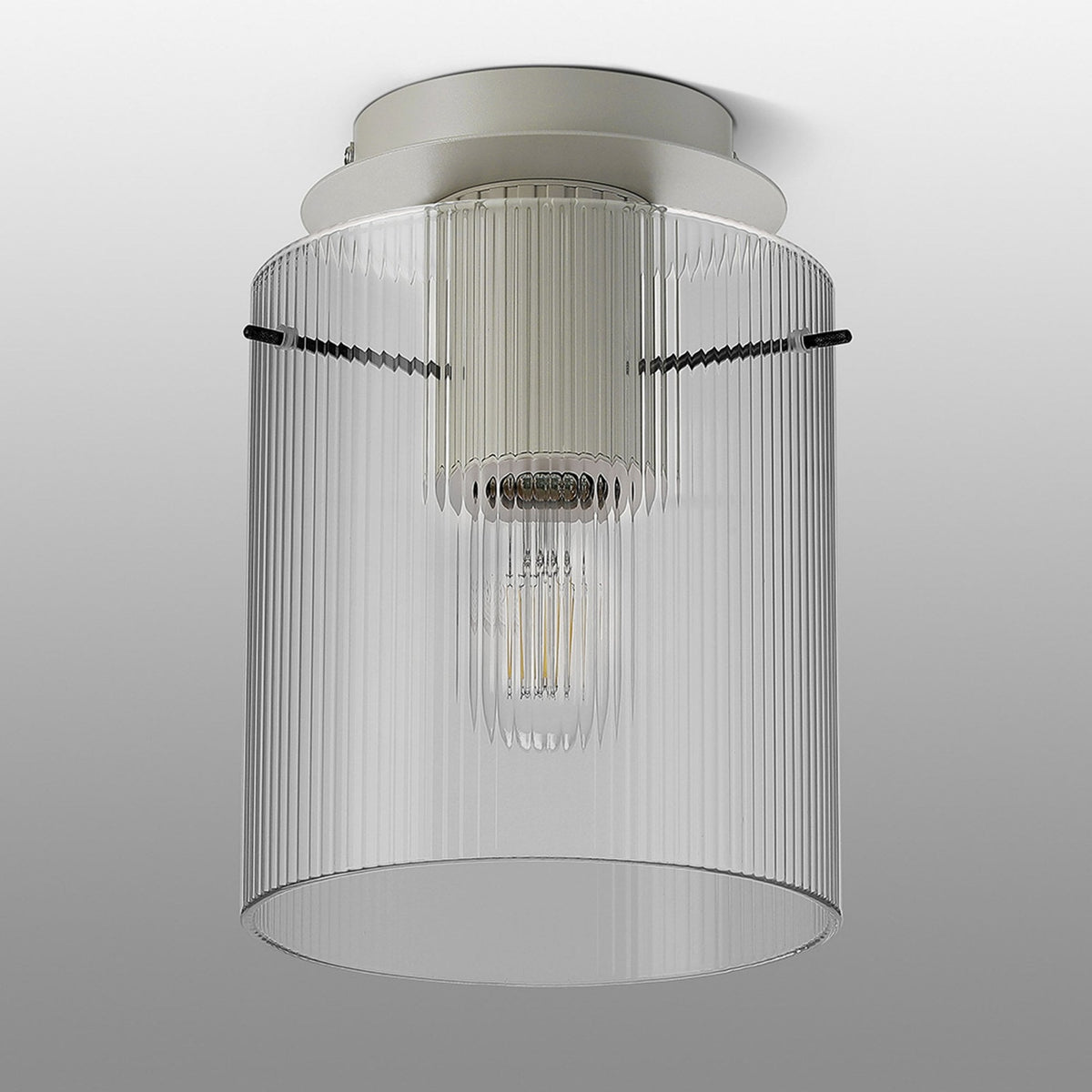 Belstone Fine Ribbed Round Flush Ceiling Light in Beige Stone with Clear Glass