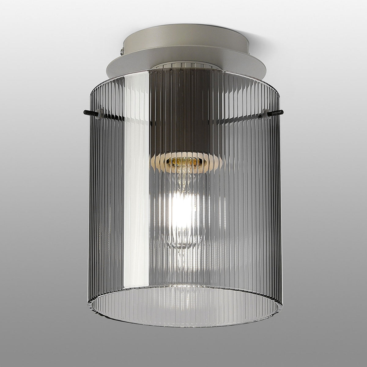 Belstone Fine Ribbed Round Flush Ceiling Light in Beige Stone with Smoke Glass