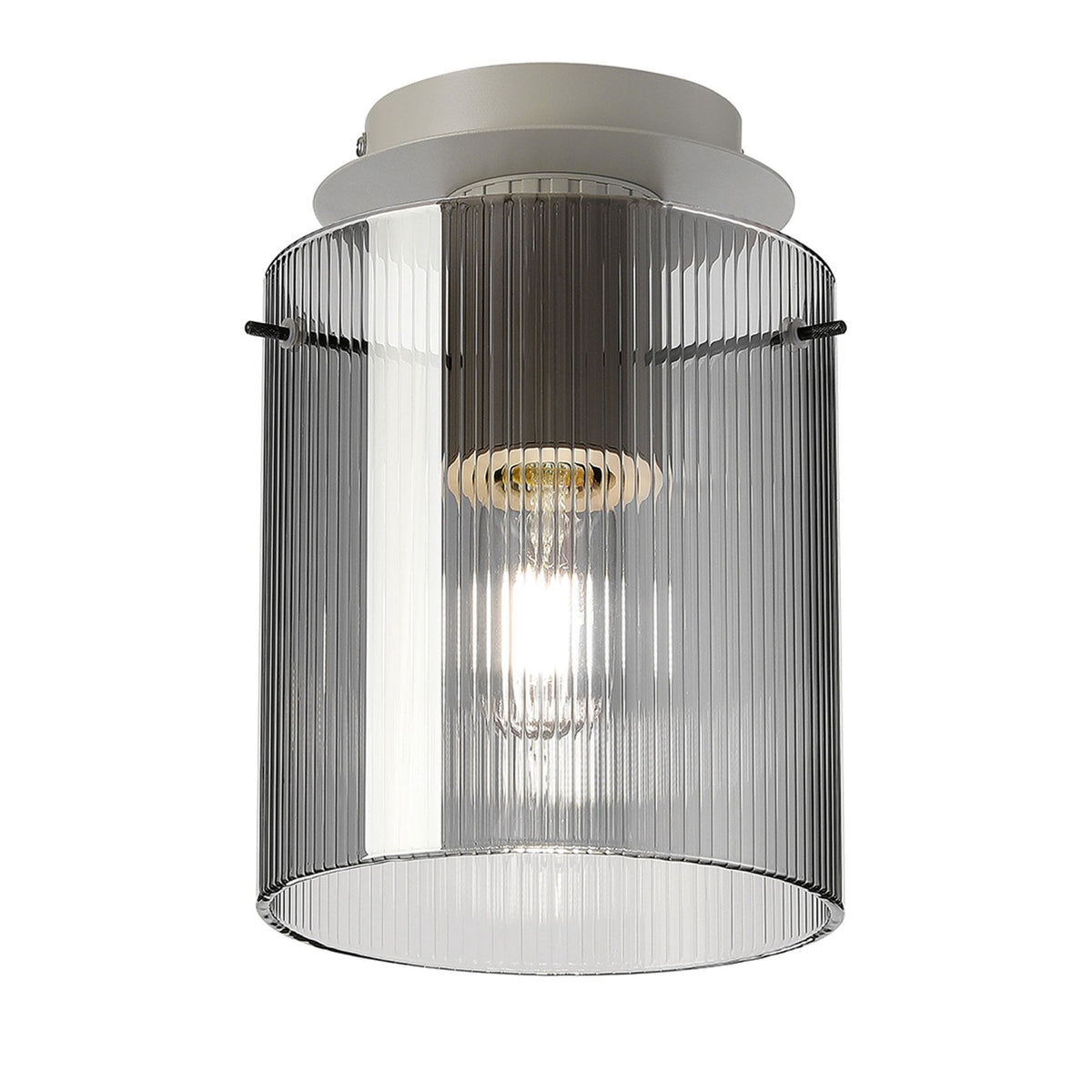 Belstone Fine Ribbed Round Flush Ceiling Light in Beige Stone with Smoke Glass
