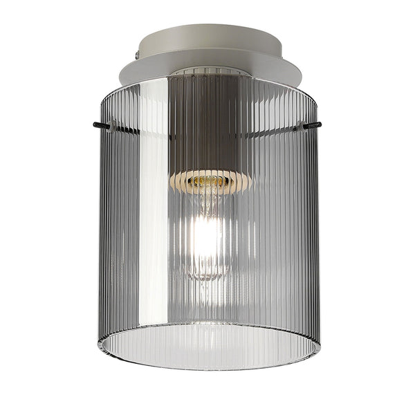 Belstone Fine Ribbed Round Flush Ceiling Light in Beige Stone with Smoke Glass