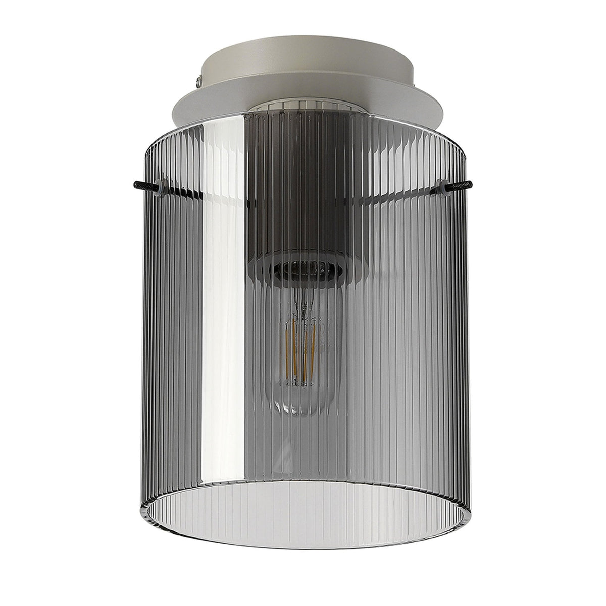 Belstone Fine Ribbed Round Flush Ceiling Light in Beige Stone with Smoke Glass